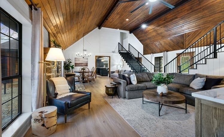 Main living area with vaulted tongue-and-groove ceiling